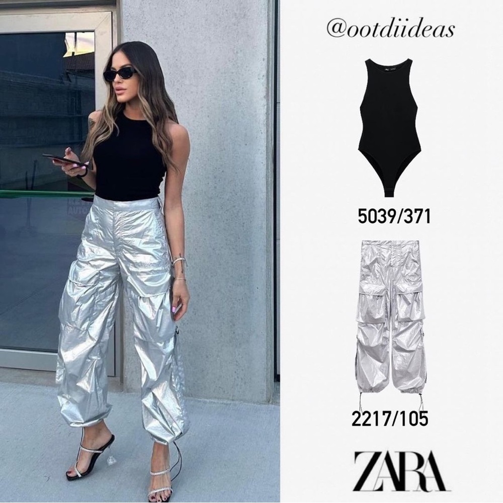 Zara shiny cargo pants Silver NWT
